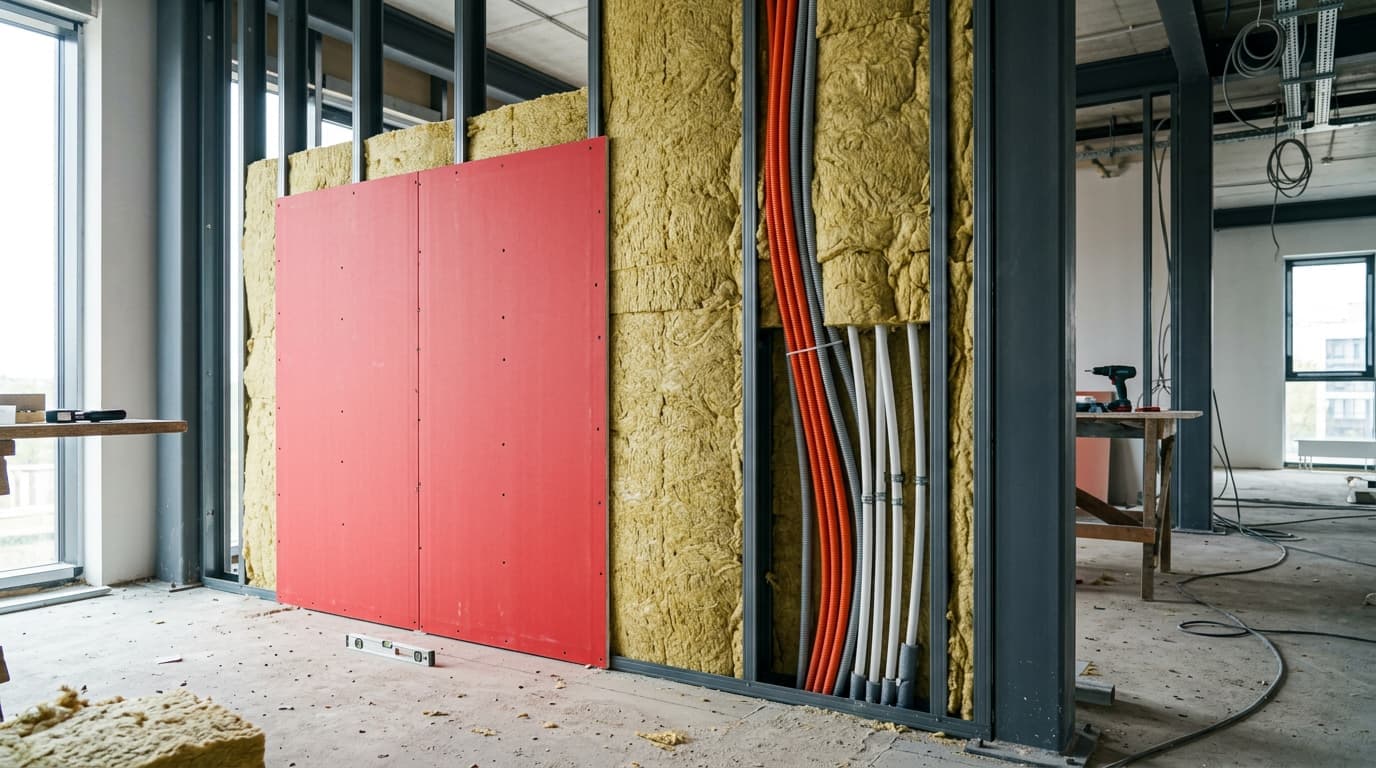 Вътрешни инсталации и червен пожароустойчив гипскартон